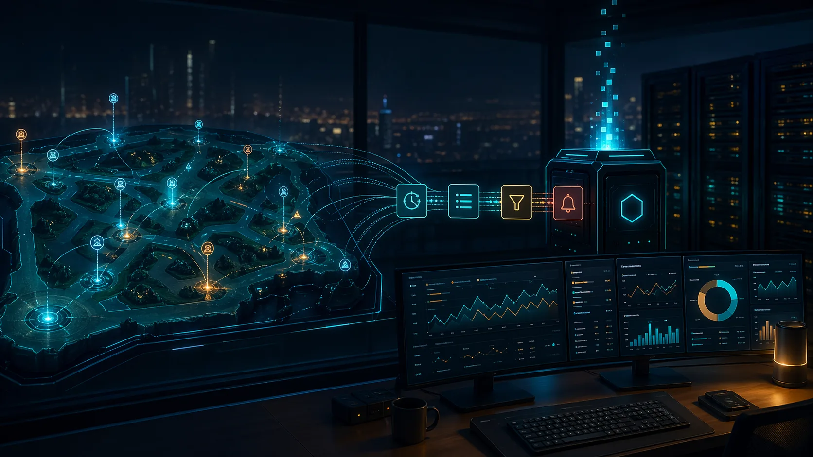 Cabecera fantástica y técnica de MatchTracker con energía de videojuego y observabilidad backend
