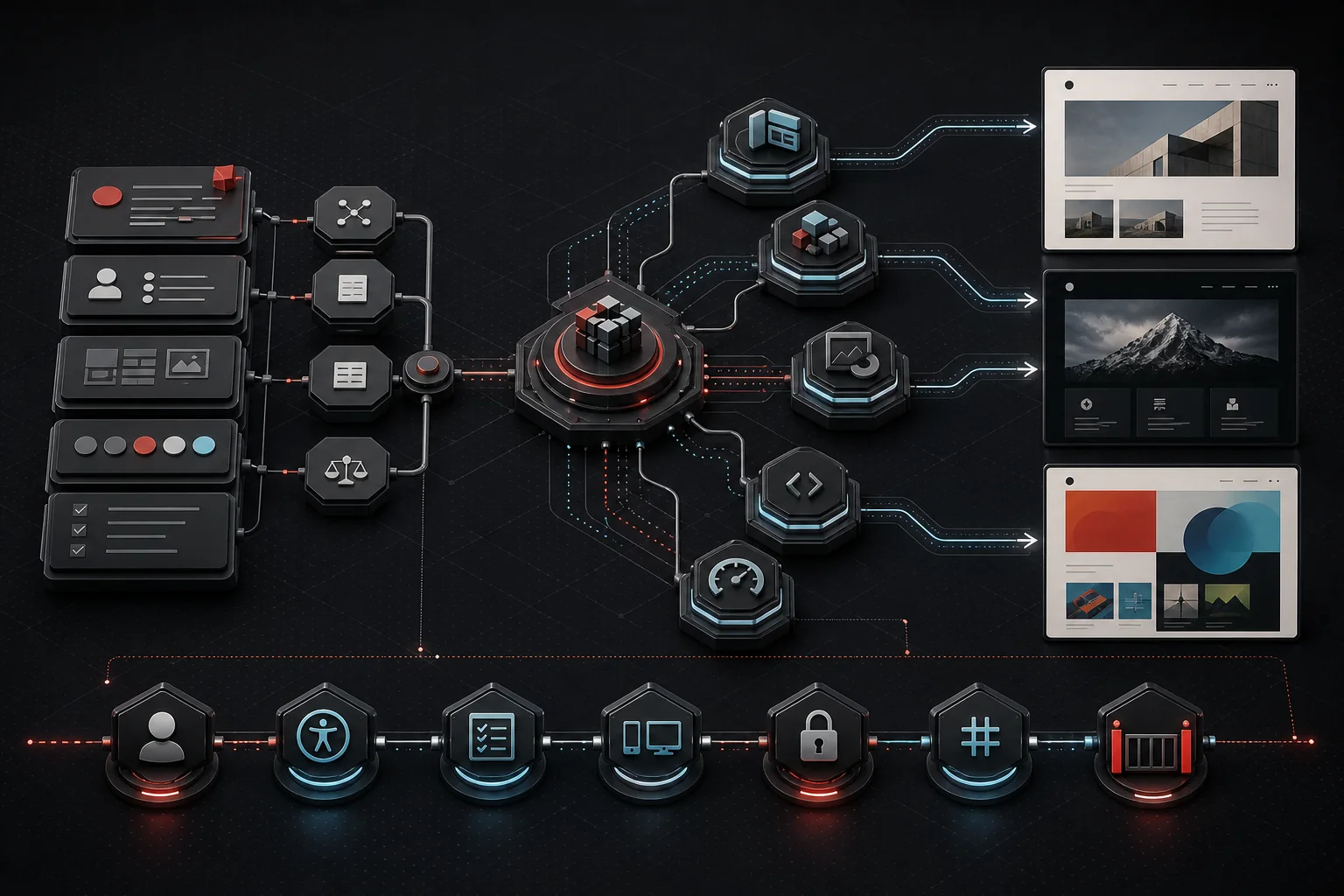 Flujo visual de Web Factory desde un intake estructurado hasta tres webs distintas, con agentes especializados y controles de calidad